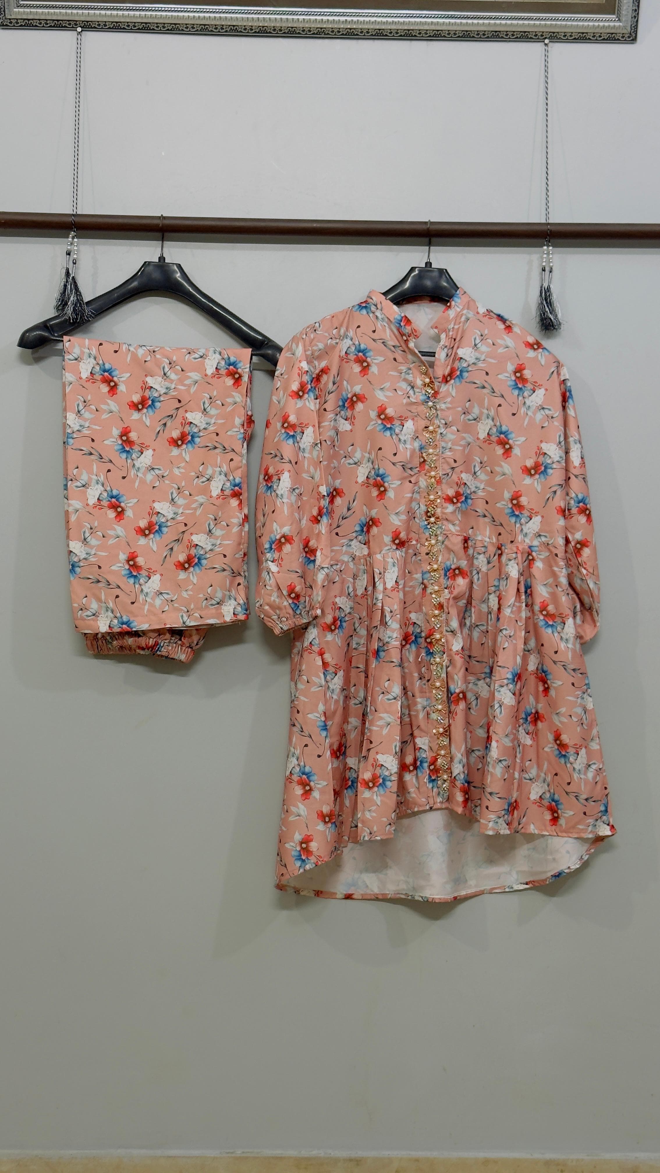 Peach Blossom Floral Peplum Kurti Set